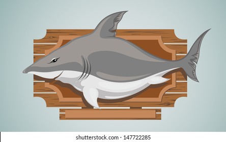 Shark trophy hanging on the board. Illustration