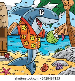 Shark with Tropical Drink Colored Cartoon 