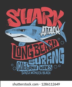 Shark t-shirt surf print design, vector illustration.