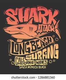 Shark t-shirt surf print design, vector illustration.