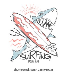 Shark t-shirt surf print design, vector illustration