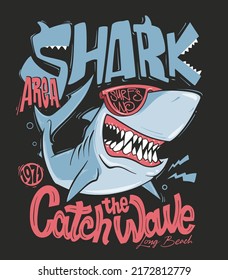 Shark t-shirt surf print design, vector illustration.