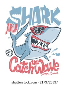 Shark t-shirt surf print design, vector illustration.