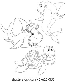 Shark, turtle and dolphin