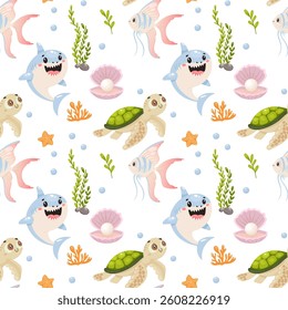 shark turtle fish sea pattern cute marine seamless ocean repeat background cartoon
