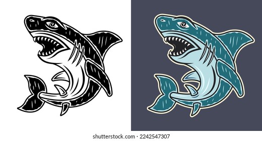 Shark in two styles monochrome on white and colorful on grey background vector illustration