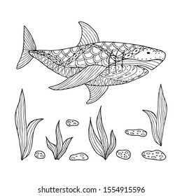 Shark under the sea water, saewares and stones. Doodle coloring page. Stock vector illustration.