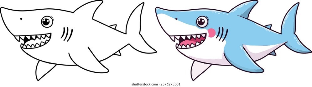 Shark in Underwater Line Art Vector Illustration Black and White with Coloring Sample. Bold and Easy Food, Animal and Ocean Coloring Pages for Adults and Kids