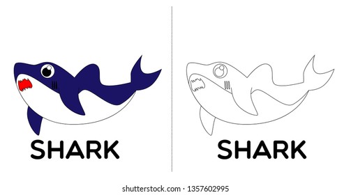shark, vector animal cartoon, coloring book or page