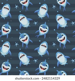 Shark vector backgrounds. Seamless pattern with cartoon sharks. Funny fish characters