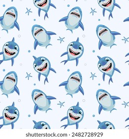 Shark vector backgrounds. Seamless pattern with cartoon sharks. Funny fish characters