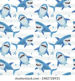 Shark vector backgrounds. Seamless pattern with cartoon sharks. Funny fish characters