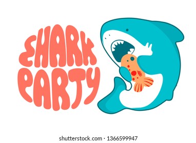 Shark vector cartoon seafish, cute eating fish, funny illustration in kawaii style and lettering Baby Shark