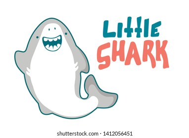 Shark vector cartoon seafish, cute smiles and waves fin in kawaii style illustration and lettering Little Shark