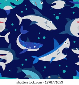 Shark vector cartoon seafish with sharp teeth in jaw illustration set of attacking fishery character in ocean isolated on background pattern