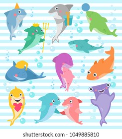 Shark vector cartoon seafish smiling with sharp teeth illustration set of fishery character of friend with gift on happy birthday party isolated on marine background
