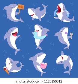 Shark Vector Cartoon Seafish Smiling With Sharp Teeth Illustration Set Of Fishery Character Illustration Kids Set Of Playing Or Crying Baby Fish Isolated On Marine Background