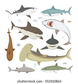 Shark vector fish set in flat style design. Different cartoon sharks icons isolated with sharp teeth mouth on white background.