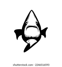 Hai-Vektorsymbol. Logo-Design. Gute Verwendung für das Symbol, T-Shirt-Design. Ein Hai mit einem großen Mund und einem großen Lächeln im Gesicht, mit einem Fischmund