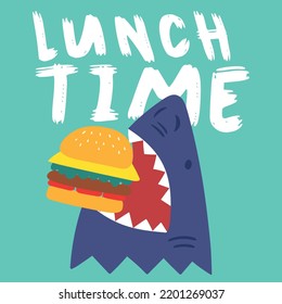 shark vector illustration eating a hamburger