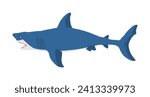 Shark vector illustration isolated on white background. Sea predator. Danger on beach alert. Open jaws of beast.  The biggest fear for divers and swimmers. Under water alert for diving and swimming.