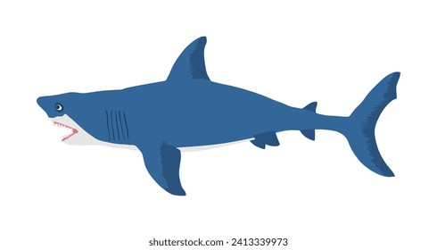 Ilustración vectorial de tiburón aislada en fondo blanco. Depredador marino. Peligro en alerta de playa. Manteles abiertos de bestia.  El mayor temor para los submarinistas y bañistas. Bajo el sistema de alerta para el submarinismo y el baño.