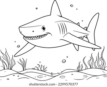 Shark vector illustration. Sea animal coloring book or page for children