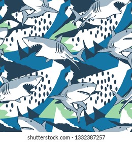 Shark vector illustration, seamless print pattern