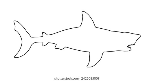 Shark vector line contour silhouette illustration isolated on white. Sea predator. Danger on beach alert. Open jaws of beast.  Biggest fear for divers and swimmers. Under water alert for diving