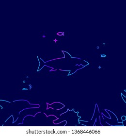 Shark Vector Line Illustration. Marine Life, Underwater World, Sea Creature Gradient Icon, Symbol or Pictogram, Sign. Dark Blue Background. Related Bottom Border.