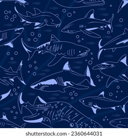 Shark vector seamless pattern. Square composition, endless marine preditor swatch. Underwater wallpaper design. Undersea textile print.