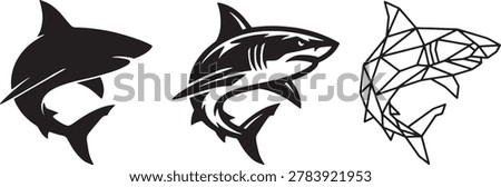 Shark vector set includes three unique design styles: silhouette, tribal, and geometric polygonal. great for logos, mascots, and apparel.