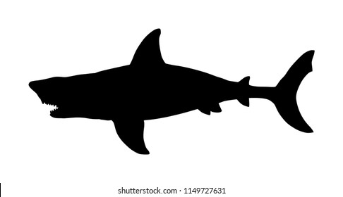 Shark vector silhouette illustration isolated on white background.  Sea predator. Danger on beach alert. Open jaws of beast.  The biggest fear for divers and swimmers. Under water alert for diving and