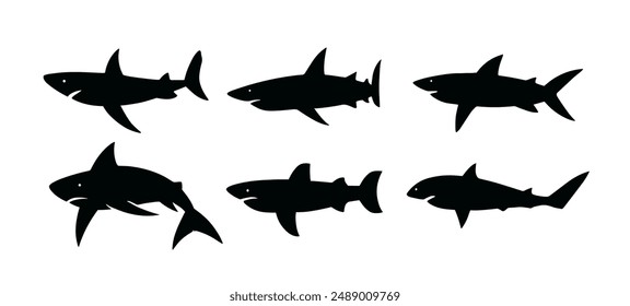 Shark vector silhouette isolated underwater icon. Sea shark animal art clip black logo silhouette icon