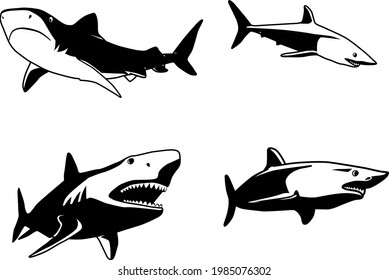 Shark vector silhouettes set. Monochrome illustration of stylized shark. isolated on white background