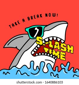 SHARK VECTOR WITH TEXT SPLASH TIME, SLOGAN PRINT