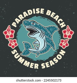 Shark vector vintage emblem, label, badge or logo surfing resort. Illustration in colorful cartoon style on dark background