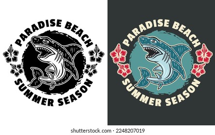 Shark vector vintage emblem, label, badge or logo surfing resort. Illustration in two styles black on white and colorful on dark background