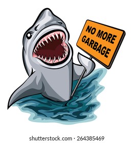 The shark voting against ocean pollution and garbage. Isolated on white background.