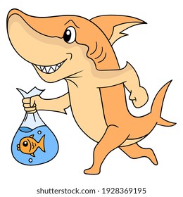 shark walking with a happy face carrying ornamental goldfish in a plastic bag, vector illustration art. doodle icon image kawaii.