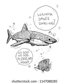 shark wants to dance with a small fish  , hand drawn ink doodle sketch with bubbles. vector illustration
