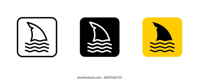 Shark warning icon. Ocean hazard vector illustration. Caution sign indicating the presence of sharks in the water. Safety symbol used for beachgoers, swimmers and divers to avoid dangerous areas.