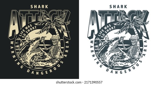 Shark Warning Poster Monochrome Vintage Predator Attack On Tourist Sunbathing Under Palm Tree On Exotic Island With Skeleton Vector Illustration