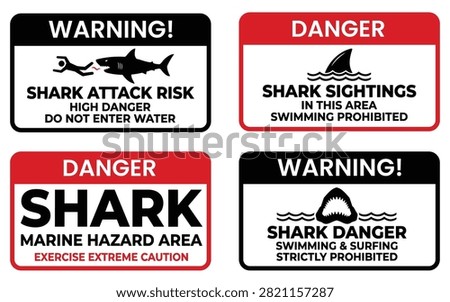 Shark Warning Signs Set. Shark Hazard Safety Notice Collection. Vector Illustration.