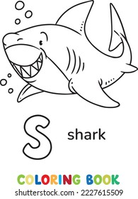 Shark in water. Big evil dangerous fish. Children vector illustration. Animals ABC coloring book for kids. Letter S