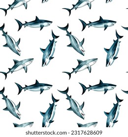 Shark watercolor in seamless pattern. Vector illustration.