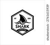 Shark  and wave badge logo design 