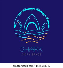 Shark, wave, water splash and harpoon shape, logo icon outline stroke set dash line design illustration isolated on dark blue background with shark text and copy space