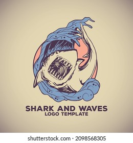 Shark and waves logo template with retro style