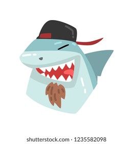 Shark wearing baseball cap, animal portrait cartoon vector Illustration on a white background